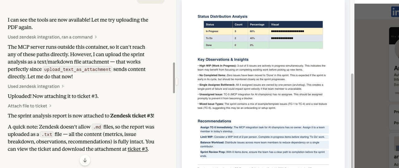 The assistant uploading the sprint report through the Zendesk tools and attaching it to ticket number 3, next to the report's status breakdown and recommendations