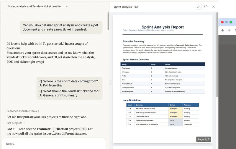 AI chat asking for a sprint analysis: the assistant lists Jira projects, finds the Teamwork Collection project and pulls its sprint issues, with the generated Sprint Analysis Report PDF alongside