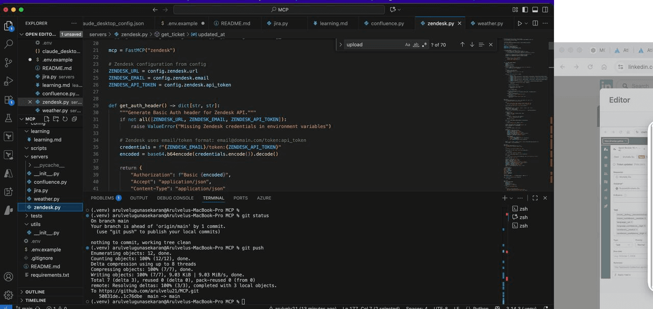 VS Code showing the MCP project: servers for jira, confluence, zendesk and weather, the FastMCP Zendesk server with token-based auth, and a git push to GitHub
