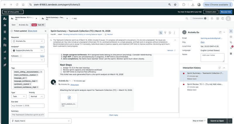 Zendesk ticket 3, Sprint Summary – Teamwork Collection, created via API with the sprint summary and an attached sprint_analysis_report text file